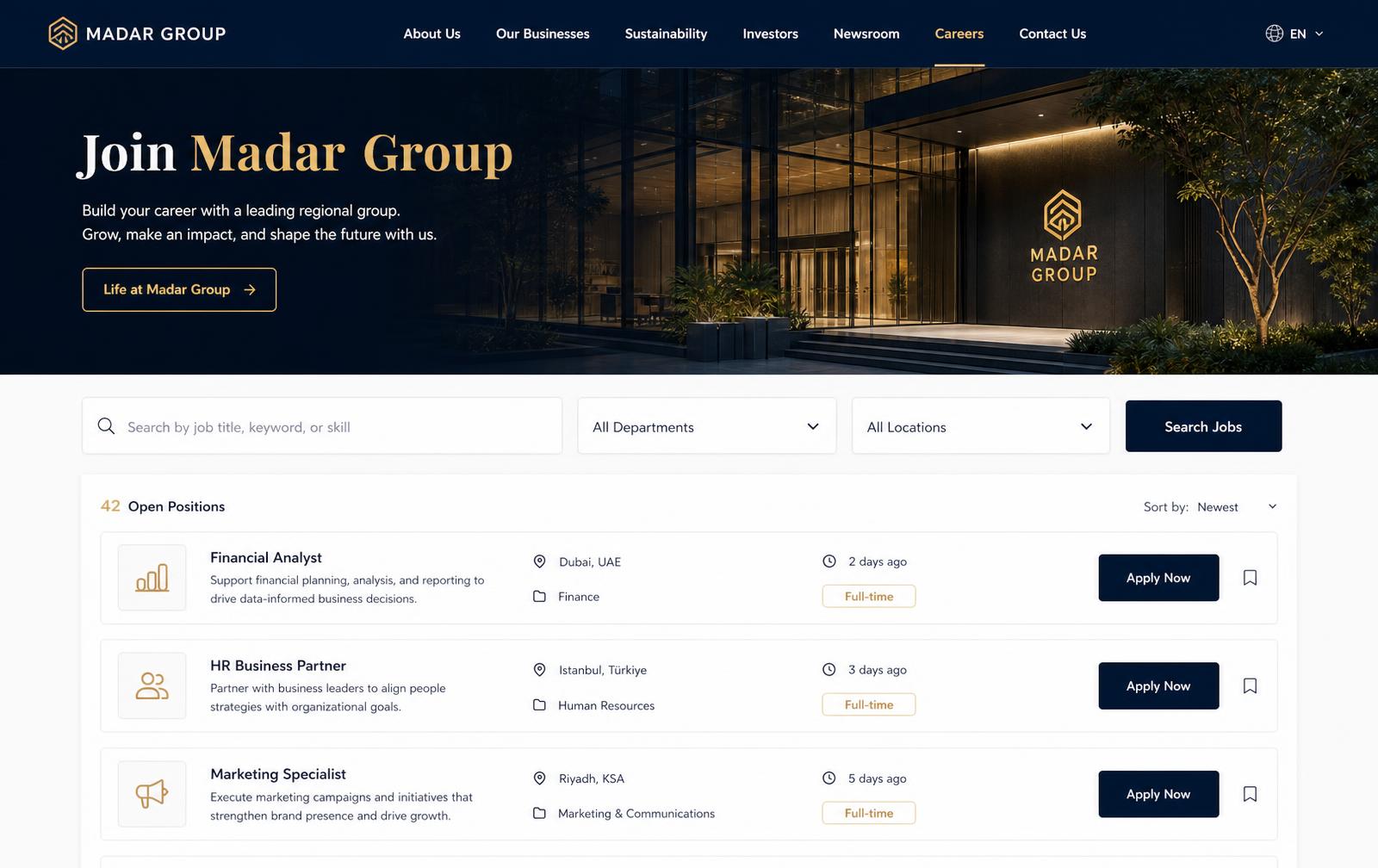 صفحة وظائف مجموعة مدار للكيماويات تعرض الوظائف المتاحة مع خيارات البحث والتصفية
